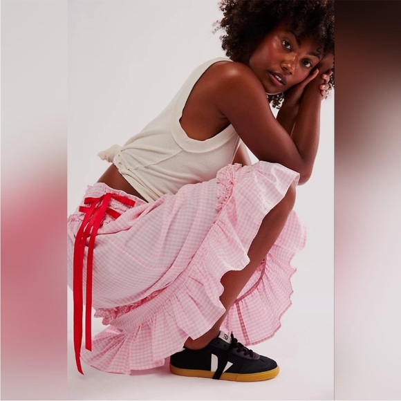 Damson Madder x Free People Pink Gingham Olivia Ruffle Midi Skirt Size 14, US 10 - Picture 3 of 16